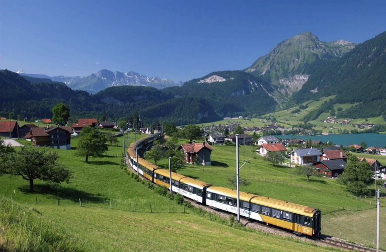 Golden Pass train crossing valley in Switzerland