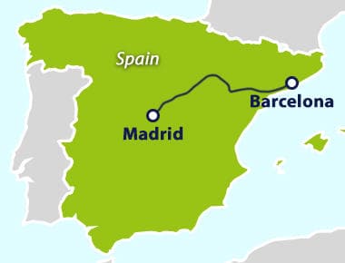 Map with train route between Madrid and Barcelona