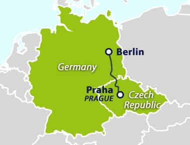 Map with train route Berlin to Prague