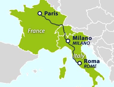 Map with route between Paris and Rome