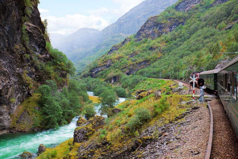 Vue du train Flåm dans les montagnes de Norvège
